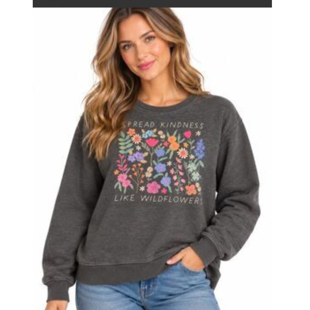 Natural Life Sweatshirt Women Medium Gray Floral Spread Kindness Wildflowers